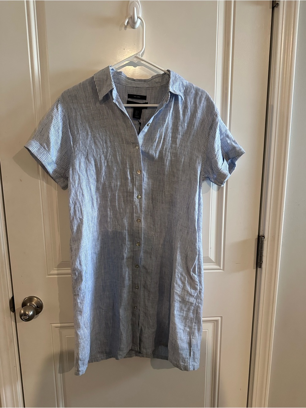 Light Blue Striped linen Short-Sleeve Button-Up Shirt dress